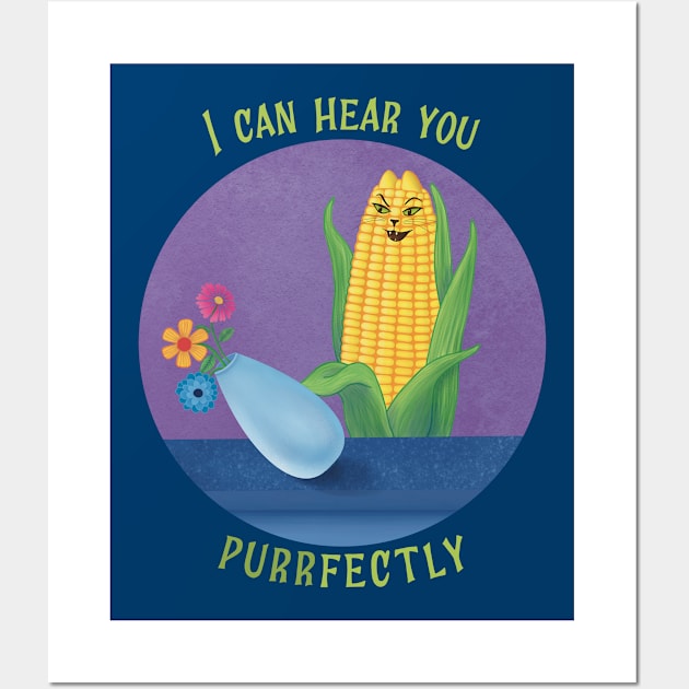 I Can Hear You Purrfectly – Corny Veggie Cat Cartoon Wall Art by Crystal Raymond